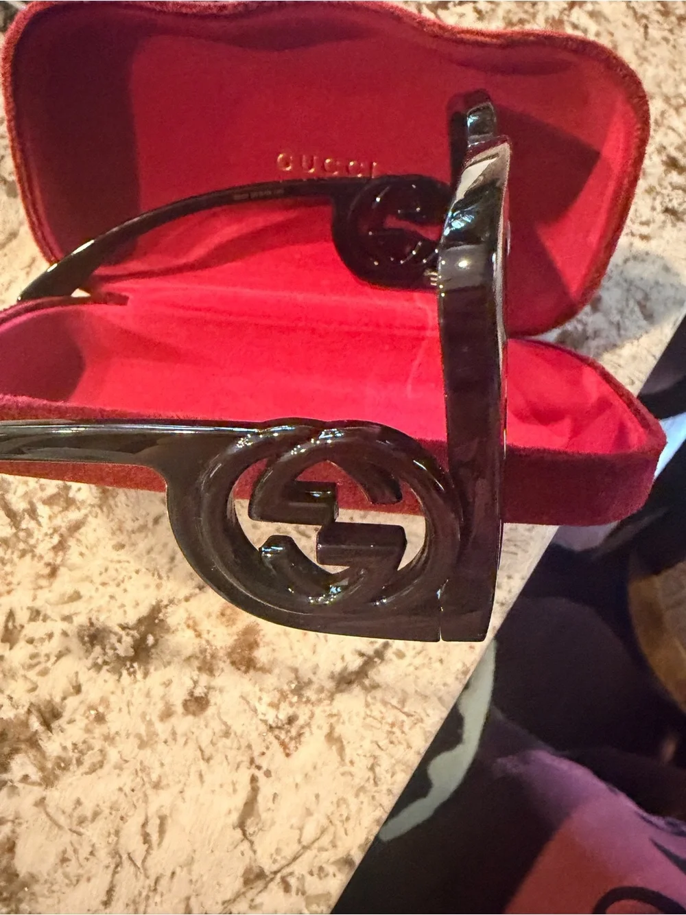 Gucci Black Patent Sunglasses with Red Case